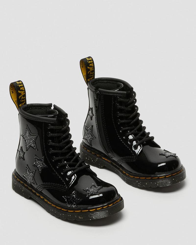 Kids' Dr Martens Toddler 1460 Glitter Star Patent Lace Up Boots Black | AU 694XYU